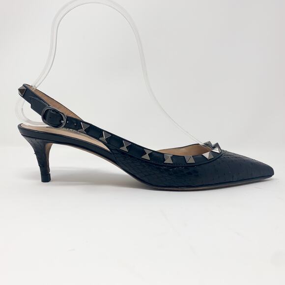 Valentino Rockstud Black Snakeskin Slingback Pointed Toe Kitten Heels EU 36 - Picture 5 of 13